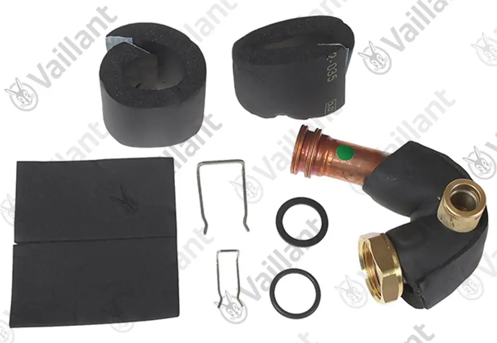 Vaillant Rohr mit Isoliermaterial, O-Ringen, Clips und Verbindungsteilen, geeignet für Heizungsinstallationen.